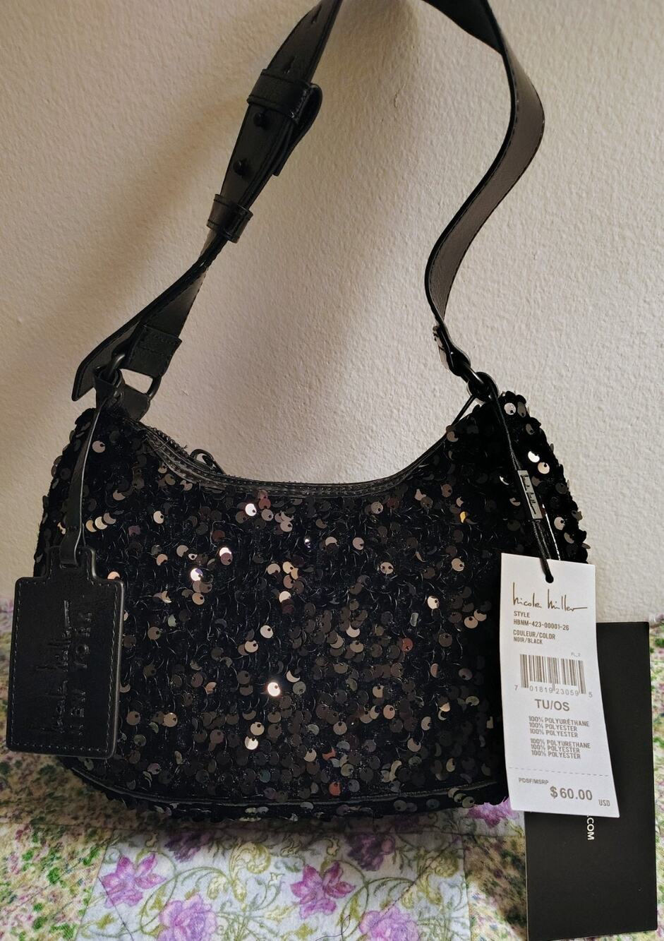 Nicole Miller New York Black Sequin Shoulder Bag Evening Purse Handbag, NWT $60